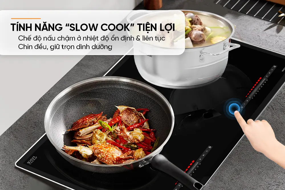 Bếp điện từ đôi SUNHOUSE MMB82102-TMT với tính năng nấu chậm Slow Cook