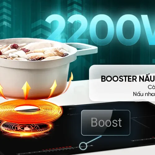 Vùng nấu bếp điện từ đôi SUNHOUSE MMB82102-TMT với nồi đặt trên mặt bếp