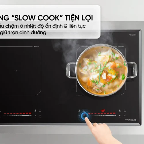 Bếp điện từ đôi SUNHOUSE MMB82152-TMC nhìn từ trên với nồi đang nấu
