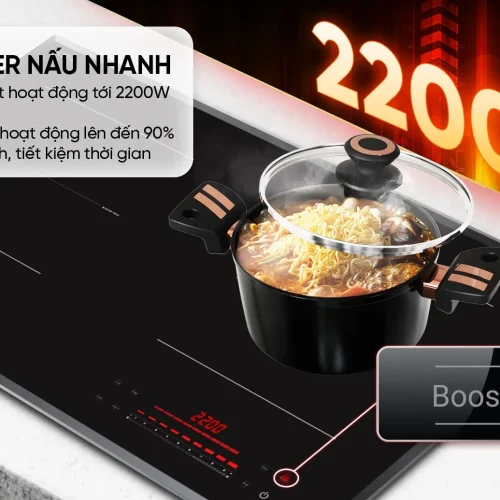 Bếp điện từ đôi SUNHOUSE MMB82172-MMC có Booster 2200W mỗi vùng nấu