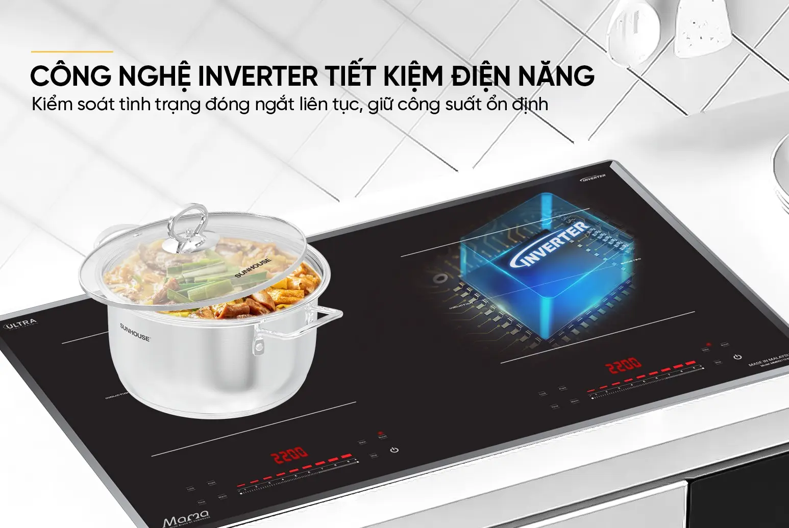 Bếp điện từ đôi SUNHOUSE MMB82172-MMC với công nghệ Inverter tiết kiệm điện