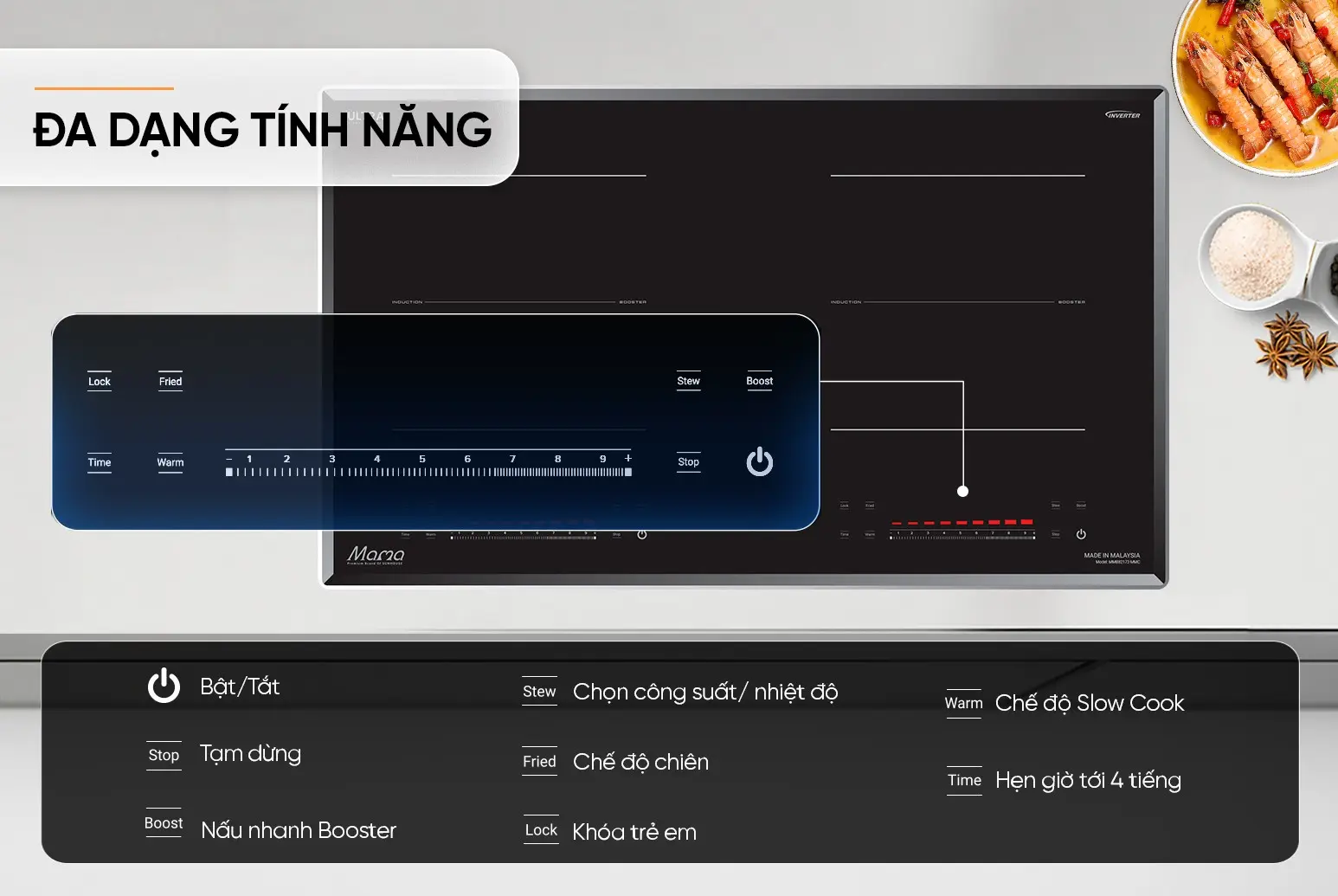 Bếp điện từ đôi SUNHOUSE MMB82172-MMC với các tính năng nấu