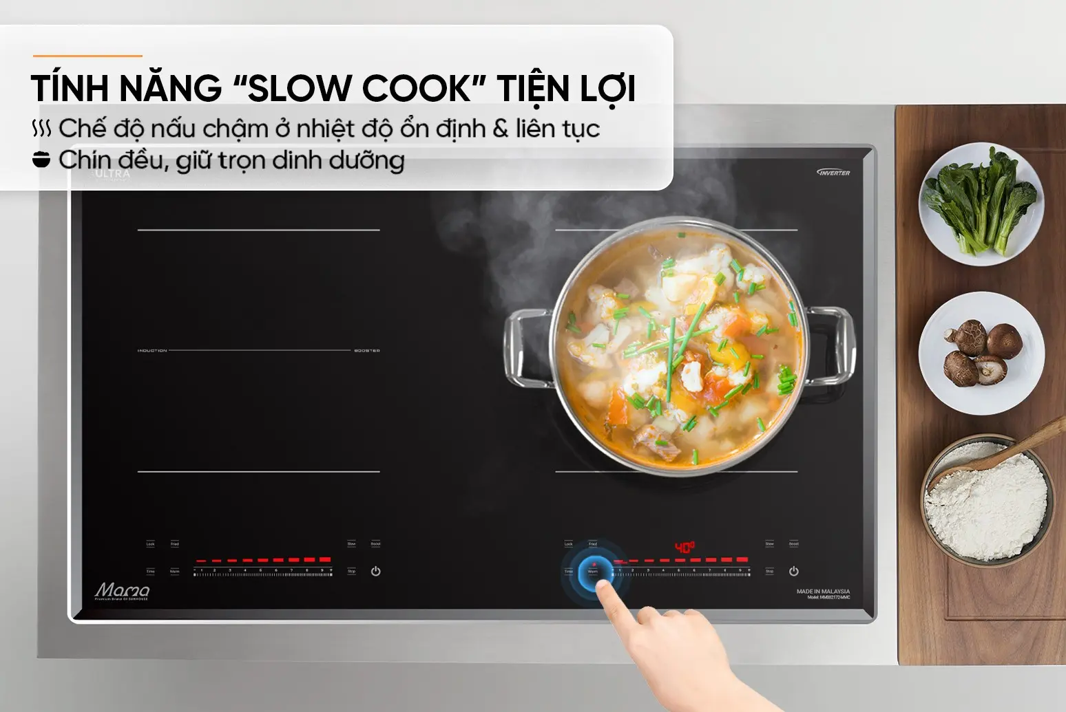 Bếp điện từ đôi SUNHOUSE MMB82172-MMC nhìn từ trên với nồi nấu