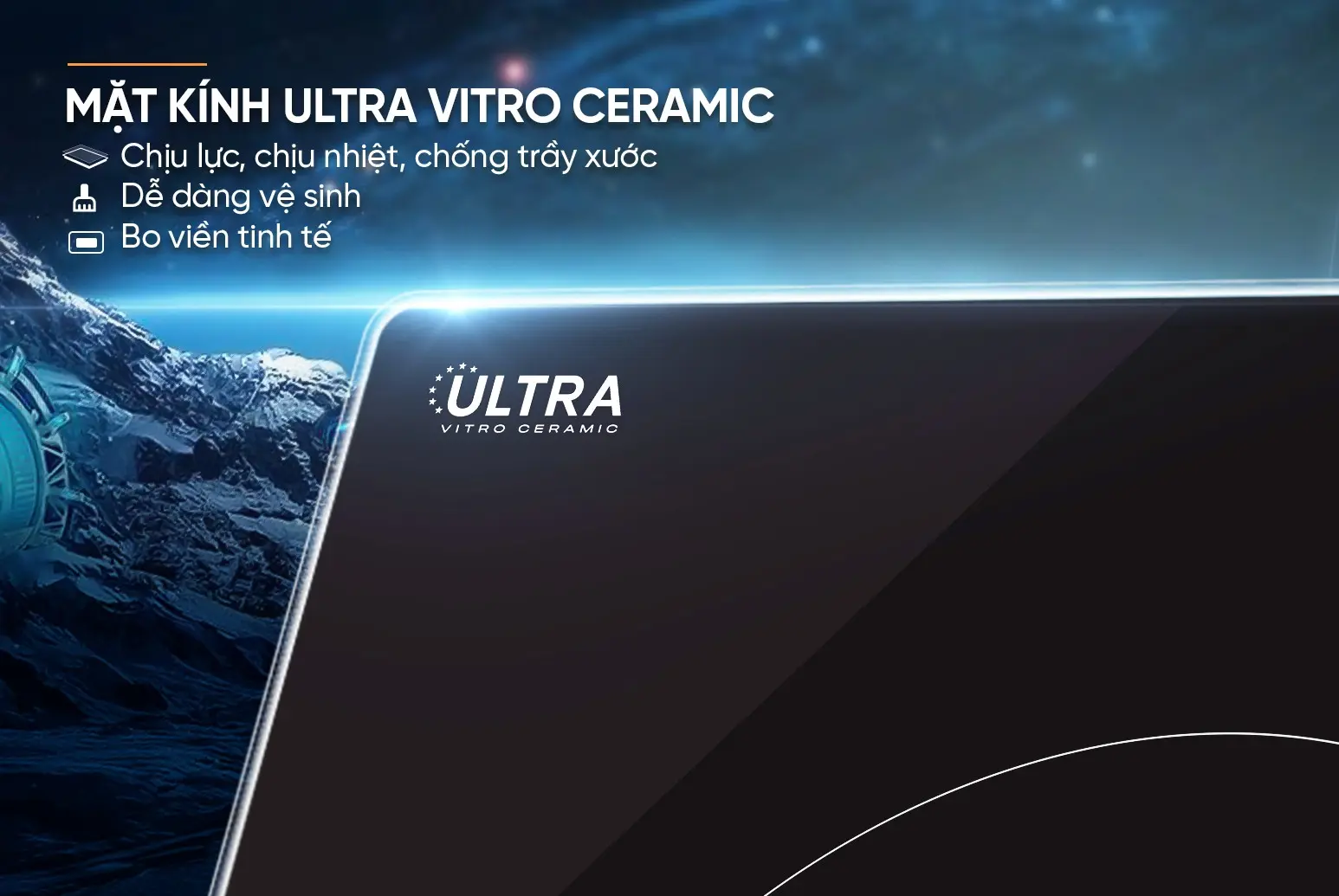 Cận cảnh mặt kính Ultra Vitro Ceramic bếp điện từ đôi SUNHOUSE MMB82172-MMC