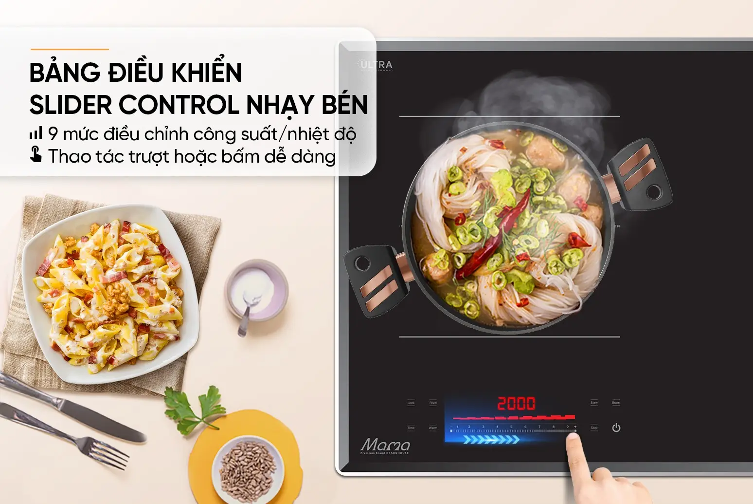 Bếp điện từ đôi SUNHOUSE MMB82172-MMC bảng điều khiển Slider Control 9 mức