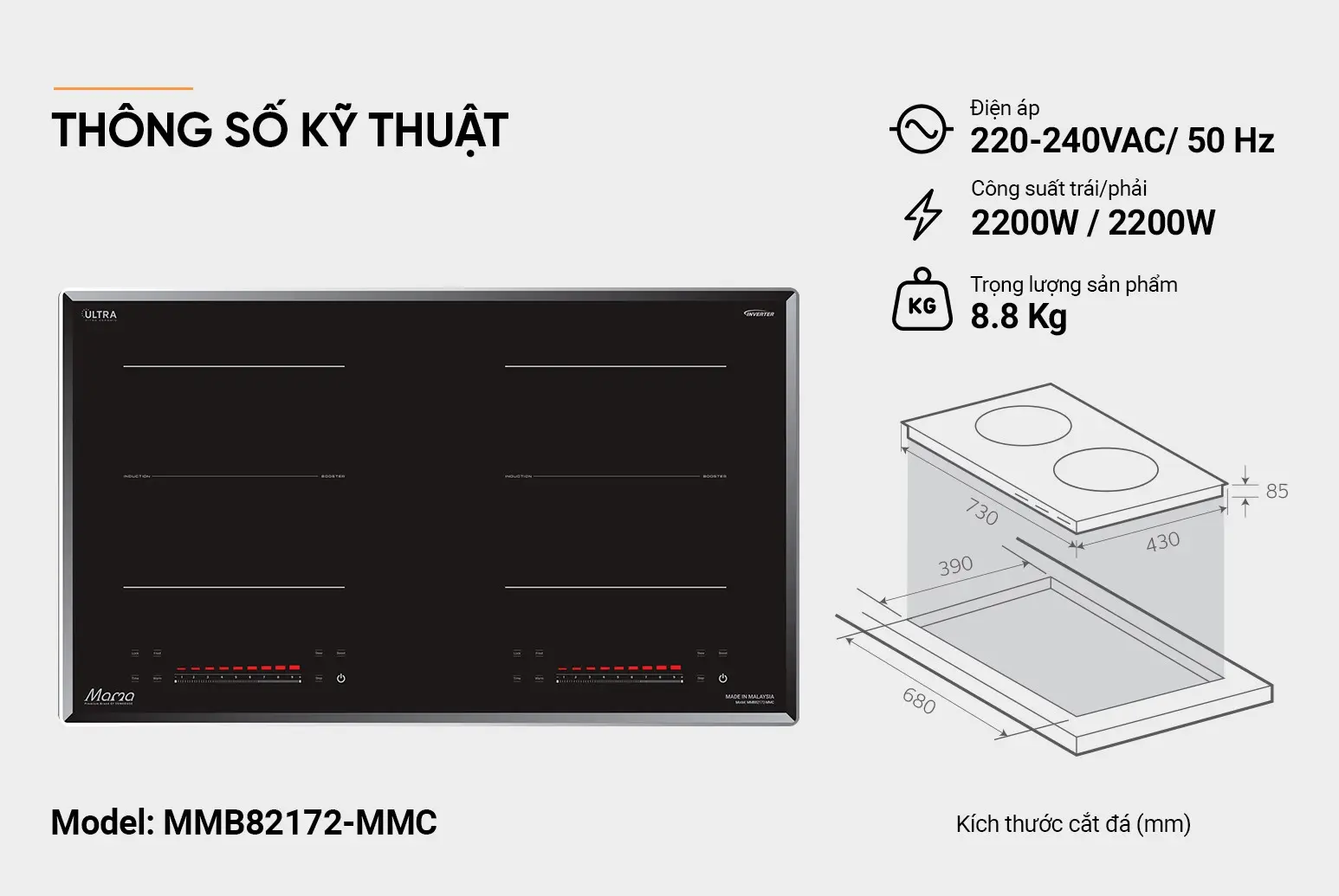 Bếp điện từ đôi SUNHOUSE MMB82172-MMC cùng thông số kỹ thuật