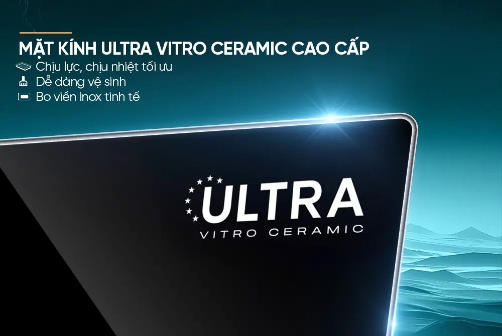 Cận cảnh mặt kính Ultra Vitro Ceramic của bếp điện từ đôi SUNHOUSE MMB82242-MMT