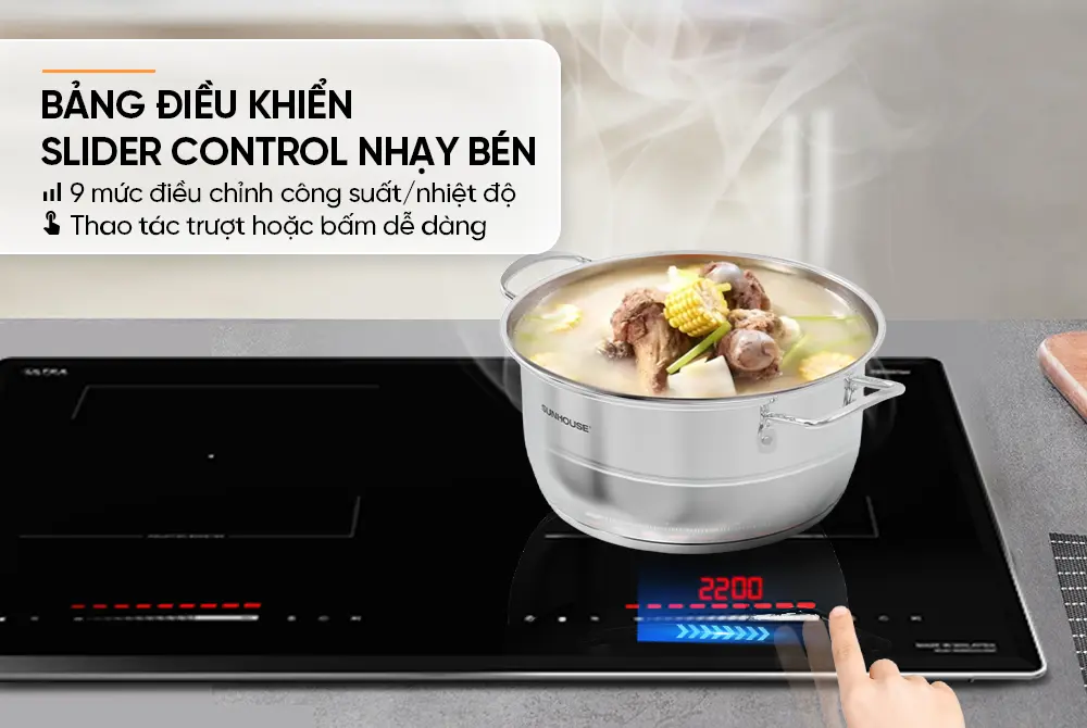 Bếp điện từ đôi SUNHOUSE MMB82242-MMT với bảng điều khiển Slider Control