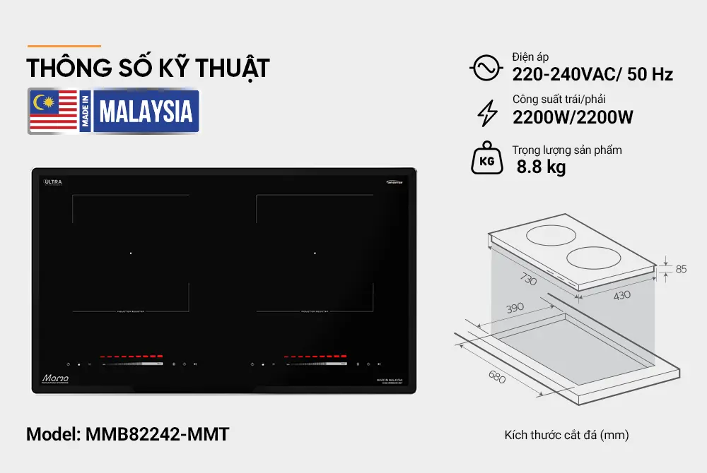 Thông số kỹ thuật bếp điện từ đôi SUNHOUSE MMB82242-MMT