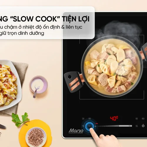 Bếp điện từ đôi SUNHOUSE MMB82252-M với nồi đang nấu trên mặt bếp