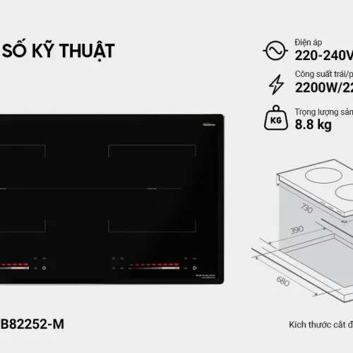 Bếp điện từ đôi SUNHOUSE MMB82252-M kèm thông số kỹ thuật và kích thước lắp đặt