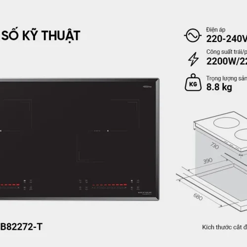 Bếp điện từ đôi SUNHOUSE MMB82272-T kèm thông số kỹ thuật và kích thước lắp đặt