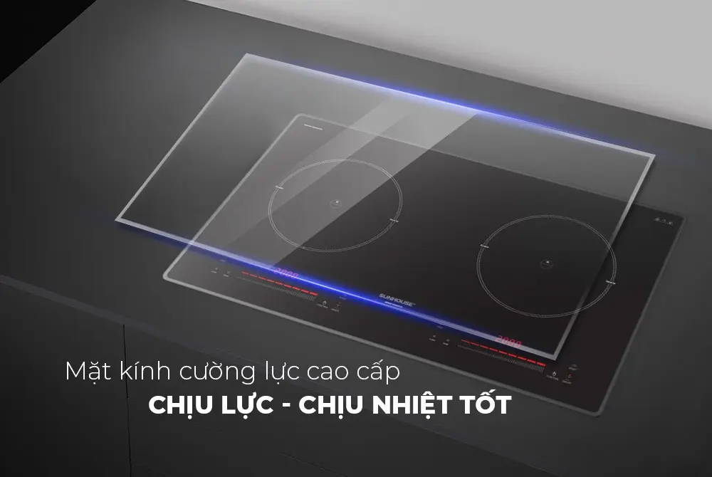 Mặt kính cường lực chịu lực chịu nhiệt của bếp điện từ đôi SUNHOUSE SHB-28CS