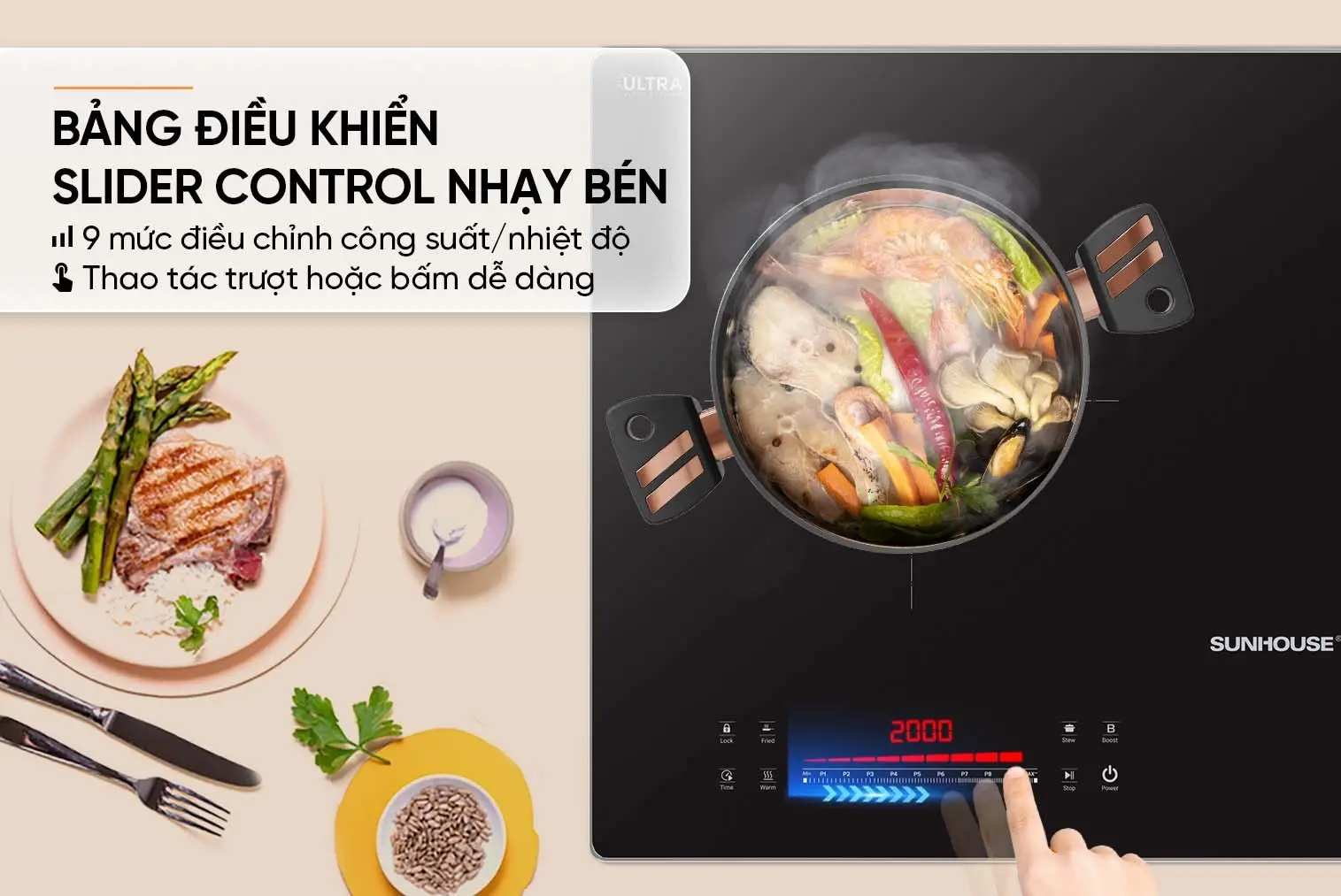 Bảng điều khiển Slider Control bếp điện từ đôi SUNHOUSE SHB-555DI