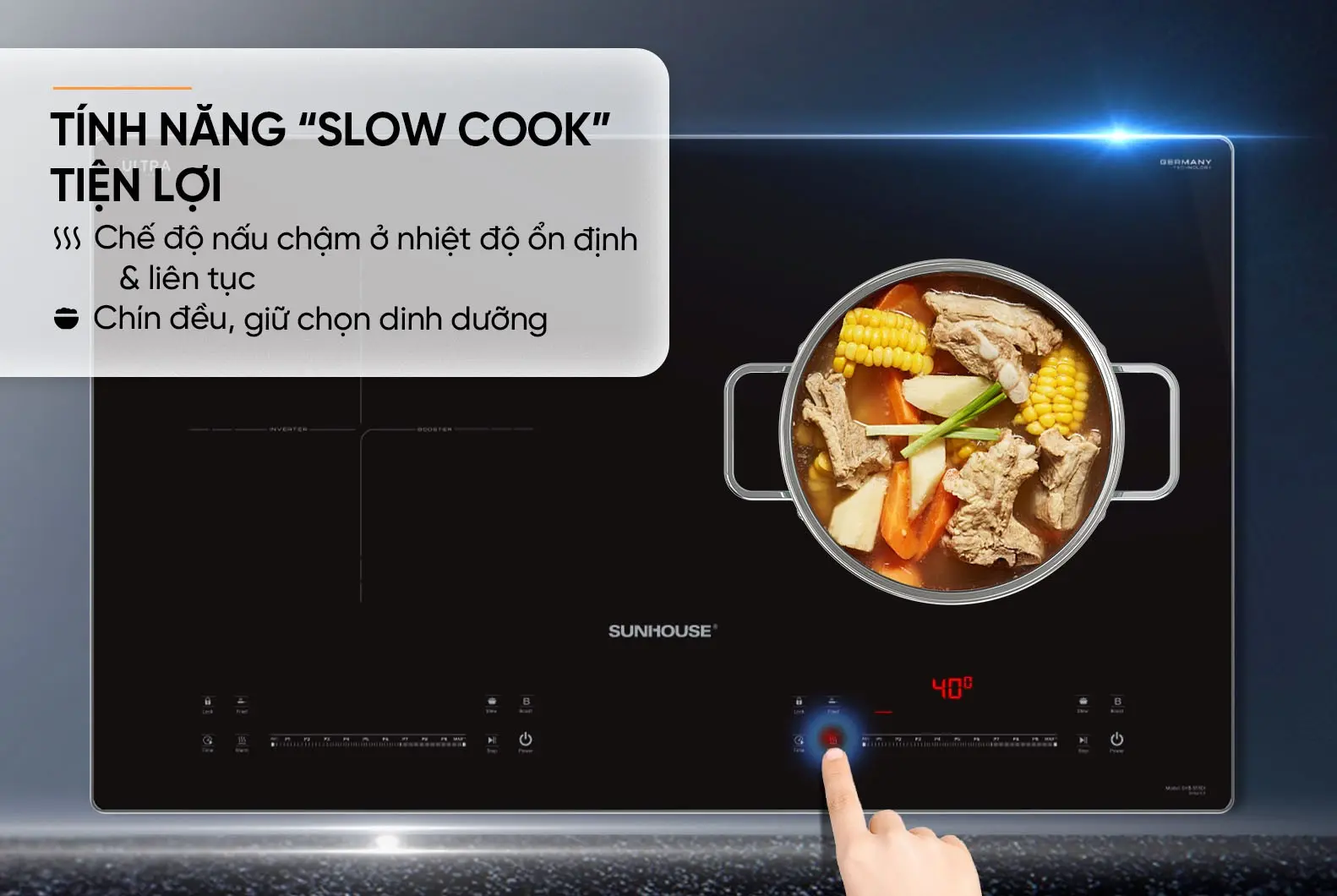 Bếp điện từ đôi SUNHOUSE SHB-555DI với tính năng Slow Cook nấu chậm