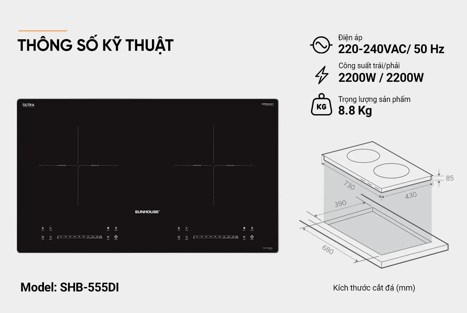 Thông số kỹ thuật bếp điện từ đôi SUNHOUSE SHB-555DI