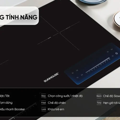 Bếp điện từ đôi SUNHOUSE SHB-566HL với mặt kính và bảng điều khiển cảm ứng