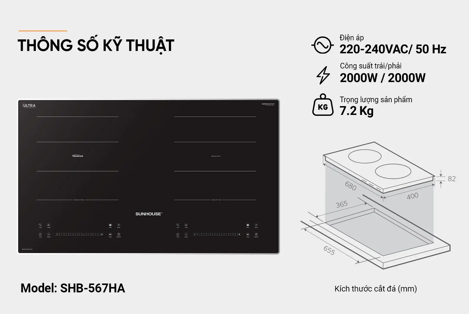 Bếp điện từ đôi SUNHOUSE SHB-567HA - 2000W/2000W - Ảnh 6