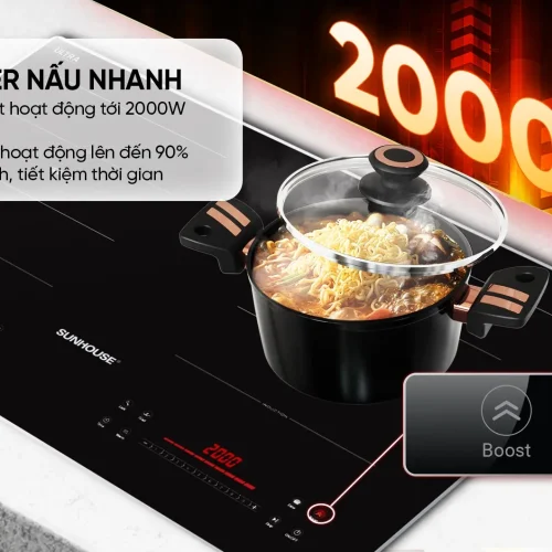 Bếp điện từ đôi SUNHOUSE SHB-567HA với nồi đặt trên mặt bếp