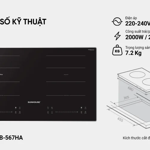 Bếp điện từ đôi SUNHOUSE SHB-567HA kèm sơ đồ kích thước lắp đặt