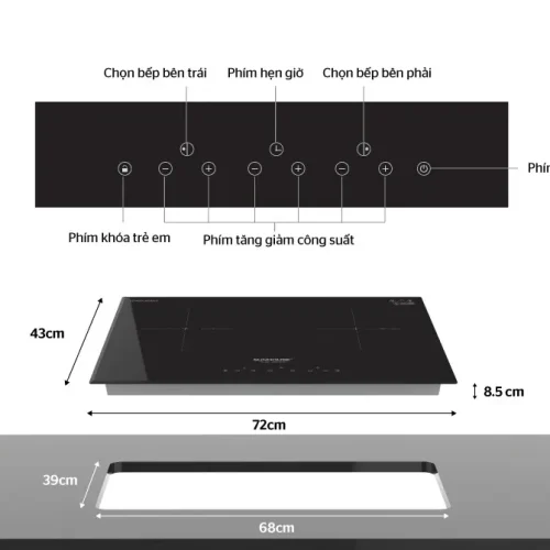 Bếp điện từ đôi SUNHOUSE SHB-DI01 với bảng điều khiển cảm ứng và kích thước lắp đặt