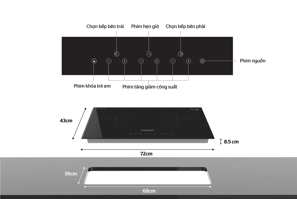 Bếp điện từ đôi SUNHOUSE SHB-DI01 với bảng điều khiển cảm ứng và kích thước lắp đặt