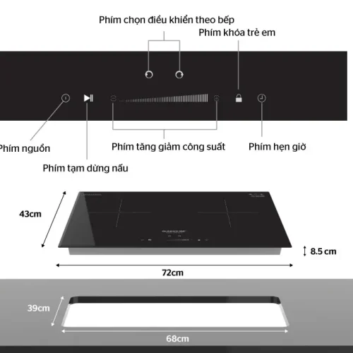 Bảng điều khiển cùng kích thước lắp đặt bếp điện từ đôi SUNHOUSE SHB-DI02