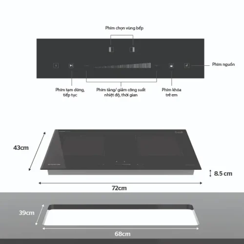 Bảng điều khiển và kích thước bếp điện từ đôi SUNHOUSE SHB-DI19 Plus