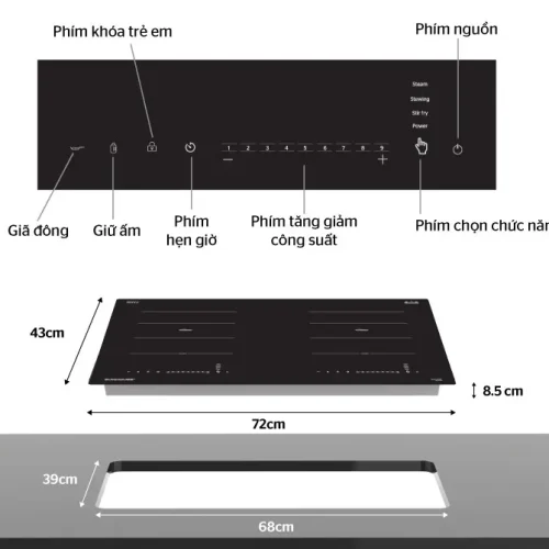 Bảng điều khiển và kích thước bếp điện từ đôi SUNHOUSE SHB-DI66