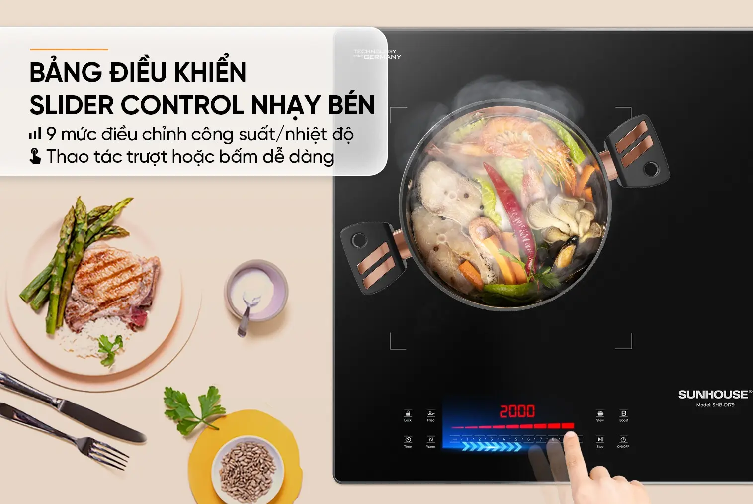 Bếp điện từ đôi SUNHOUSE SHB-DI79 với bảng điều khiển Slider Control