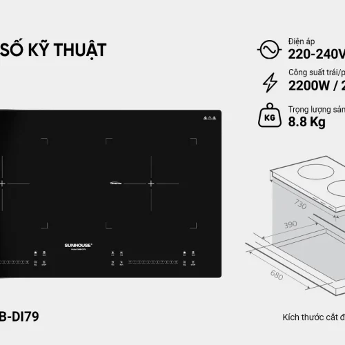 Bếp điện từ đôi SUNHOUSE SHB-DI79 kèm thông số kỹ thuật và sơ đồ lắp đặt