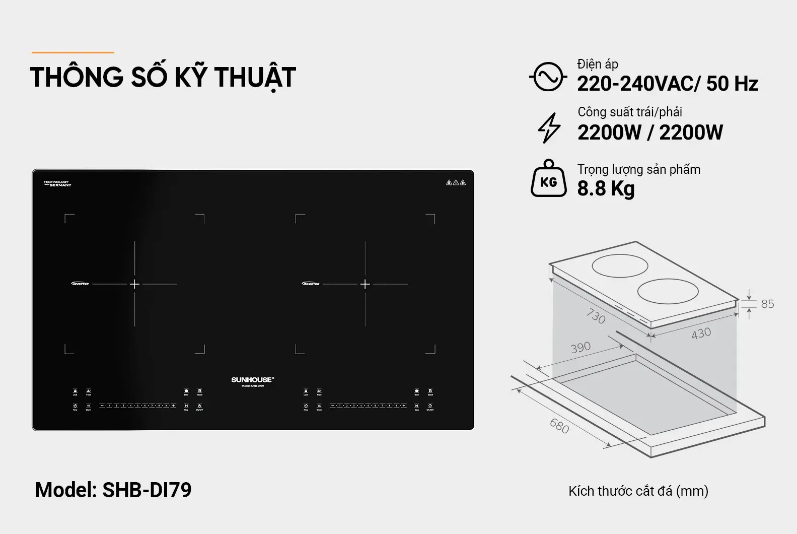 Bếp điện từ đôi SUNHOUSE SHB-DI79 kèm thông số kỹ thuật và sơ đồ lắp đặt