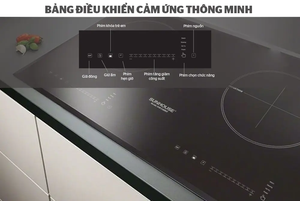 Bảng điều khiển cảm ứng của bếp điện từ đôi SUNHOUSE SHB DI99MT