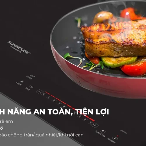 Bếp điện từ đôi SUNHOUSE SHB22-TQ với bảng điều khiển cảm ứng và chảo nấu