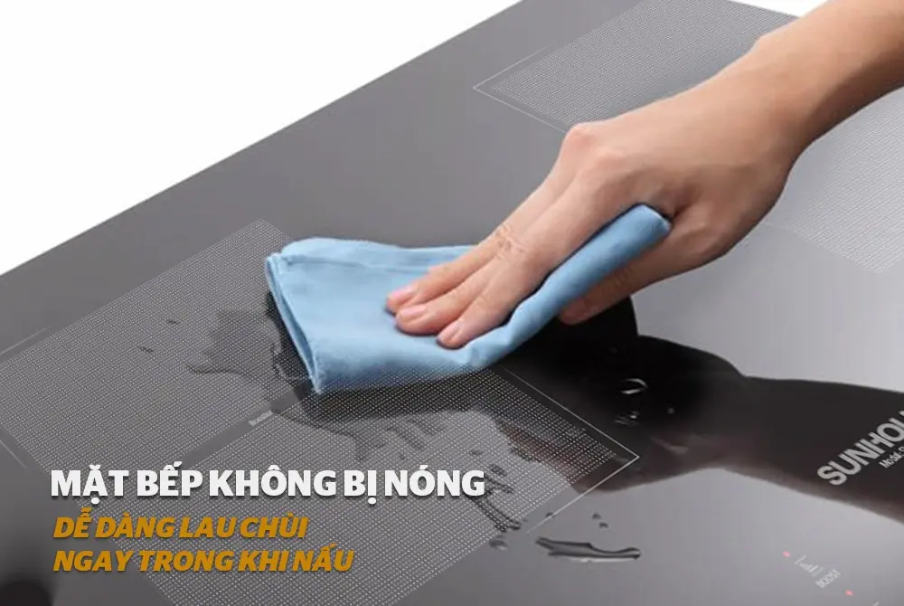 Mặt bếp điện từ đôi SUNHOUSE SHB500DI dễ lau chùi trong khi nấu