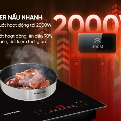 Bếp điện từ đôi SUNHOUSE SHB501CS với chức năng Booster 2000W mỗi vùng nấu