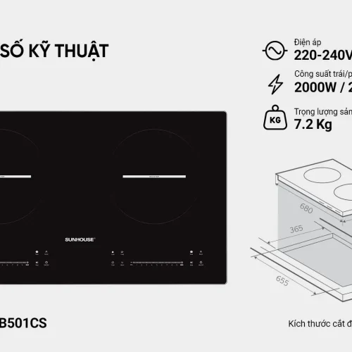 Thông số kỹ thuật bếp điện từ đôi SUNHOUSE SHB501CS công suất 2000W mỗi vùng nấu