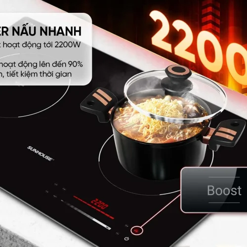 Bếp điện từ đôi SUNHOUSE SHB502CS với chức năng Booster 2200W mỗi vùng nấu