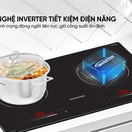 Bếp điện từ đôi SUNHOUSE SHB502CS minh họa công nghệ Inverter tiết kiệm điện