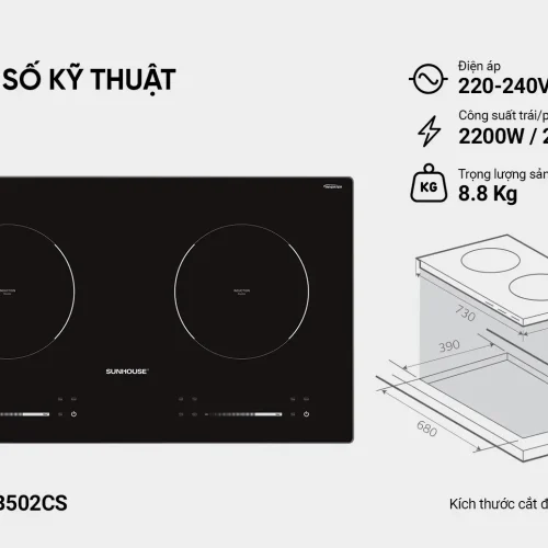 Thông số kỹ thuật bếp điện từ đôi SUNHOUSE SHB502CS công suất 2200W mỗi vùng nấu