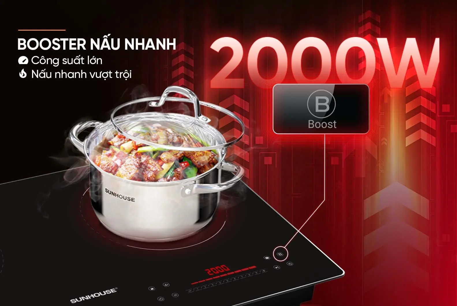 Bếp điện từ đôi SUNHOUSE SHB5143 với chức năng Booster 2000W nấu nhanh