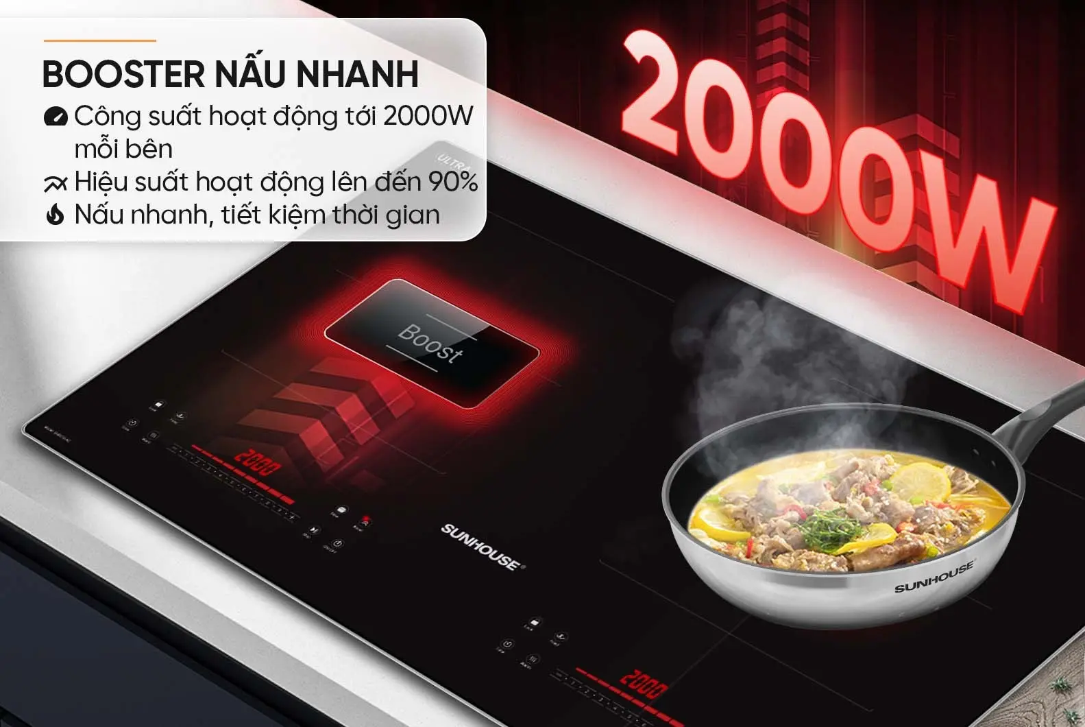 Bếp điện từ đôi SUNHOUSE SHB518-AC tính năng Booster 2000W mỗi vùng nấu