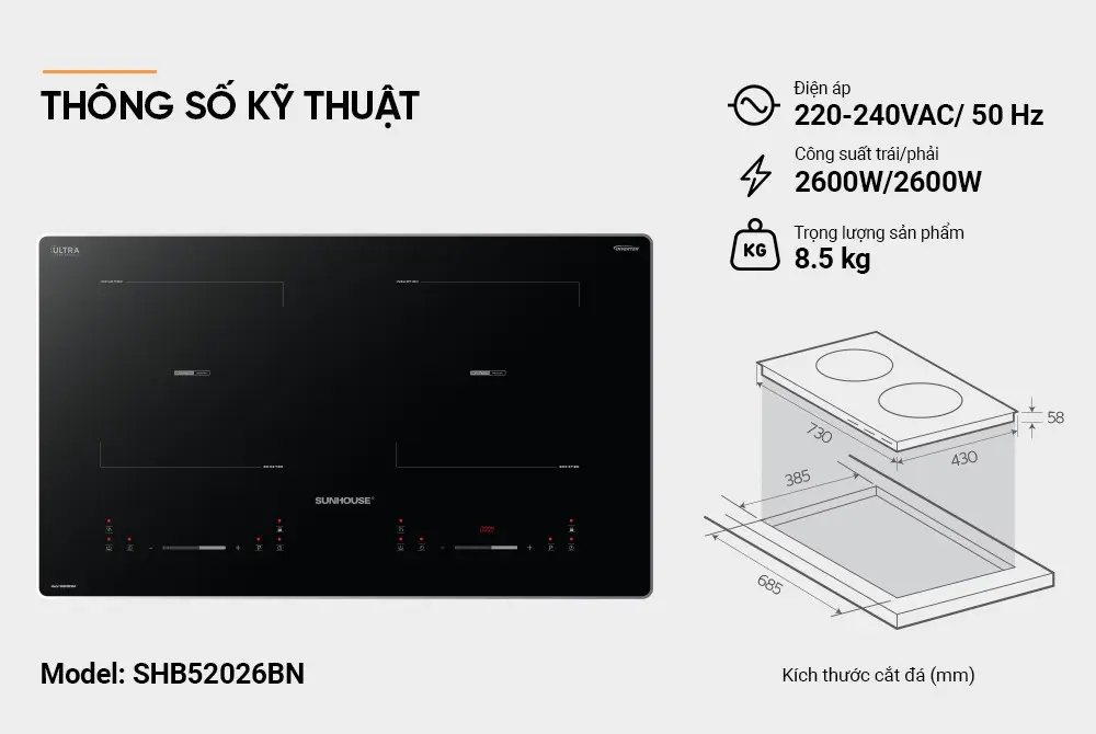 Bếp điện từ đôi SUNHOUSE SHB52026BN - 2600W/2600W - Ảnh 12