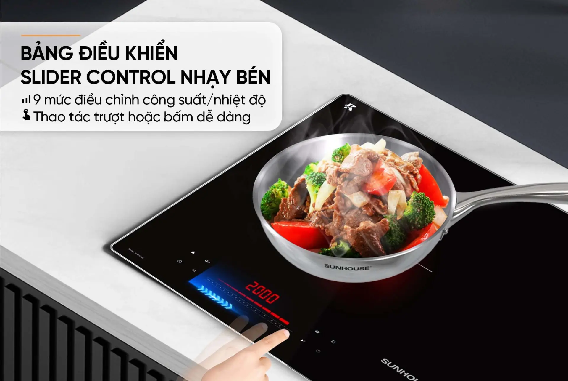 Bảng điều khiển Slider Control của bếp điện từ đôi SUNHOUSE SHB5236