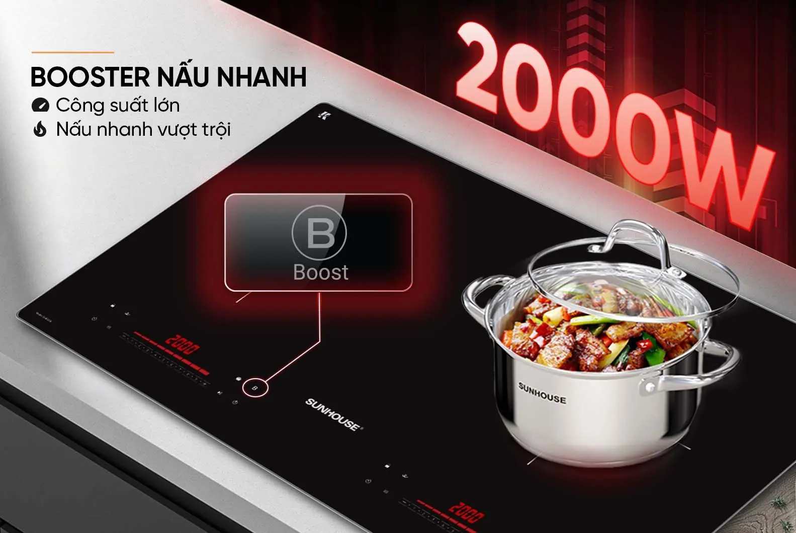 Bếp điện từ đôi SUNHOUSE SHB5236 với tính năng Booster nấu nhanh 2000W