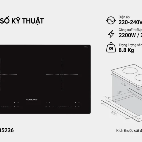 Thông số kỹ thuật bếp điện từ đôi SUNHOUSE SHB5236 2200W mỗi vùng nấu