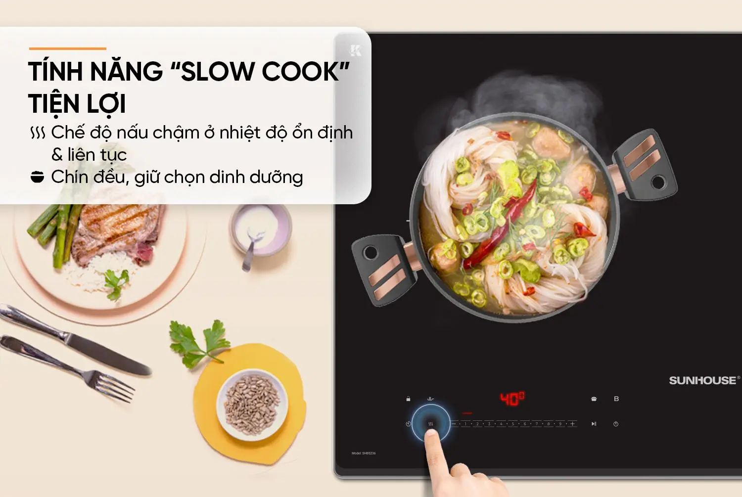Bếp điện từ đôi SUNHOUSE SHB5236 với tính năng nấu chậm Slow Cook