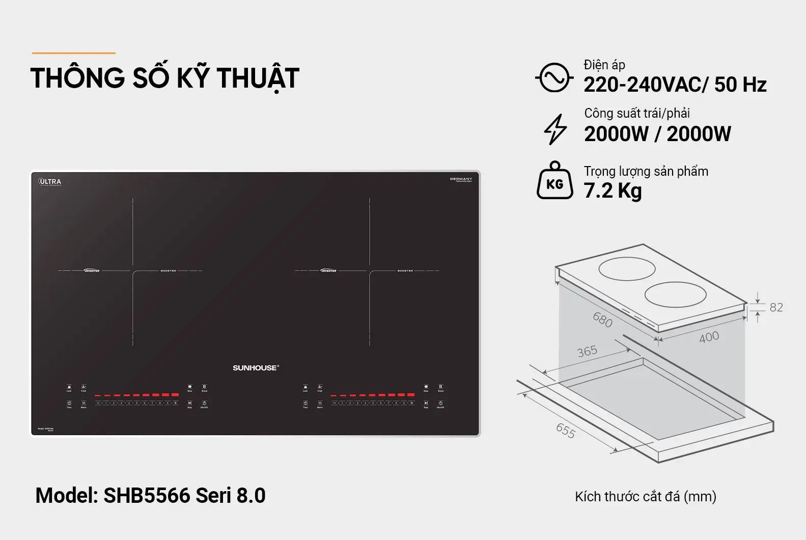 Bếp điện từ đôi SUNHOUSE SHB5566 Seri 8.0 - 2000W/2000W - Ảnh 7