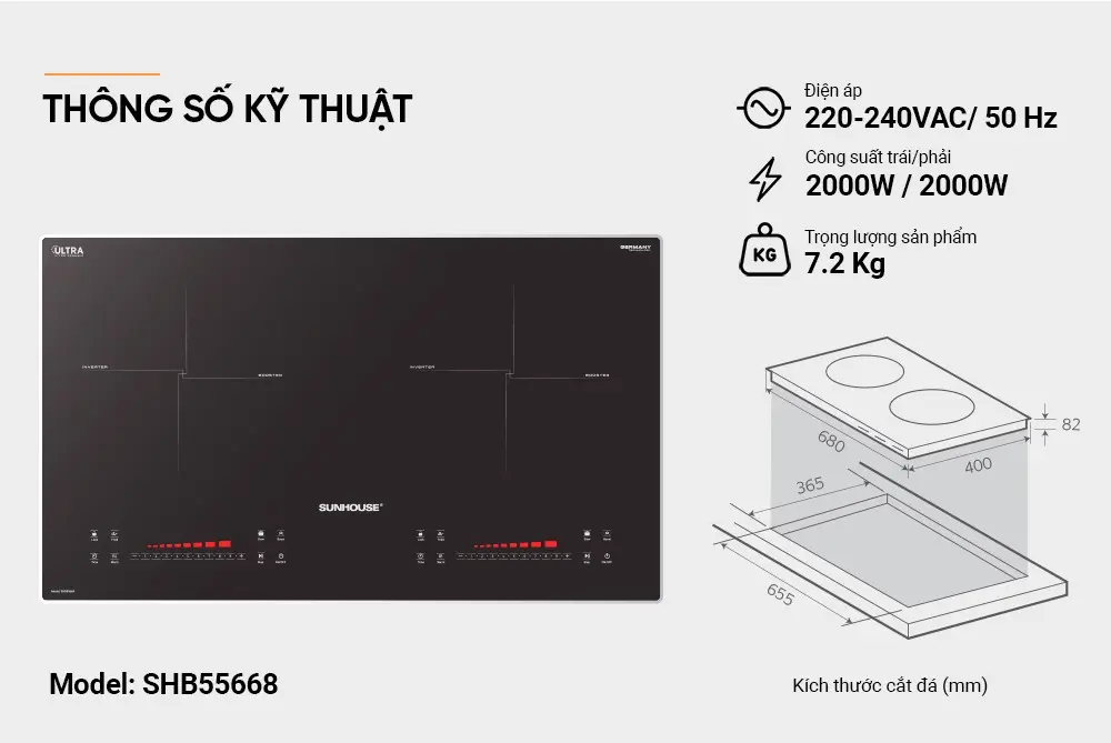 Bếp điện từ đôi SUNHOUSE SHB55668 - 2000W/2000W - Ảnh 7