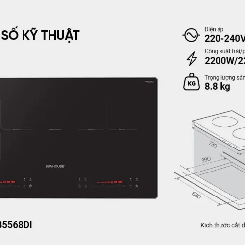 Bếp điện từ đôi SUNHOUSE SHB5568DI kèm thông số kỹ thuật và kích thước lắp đặt